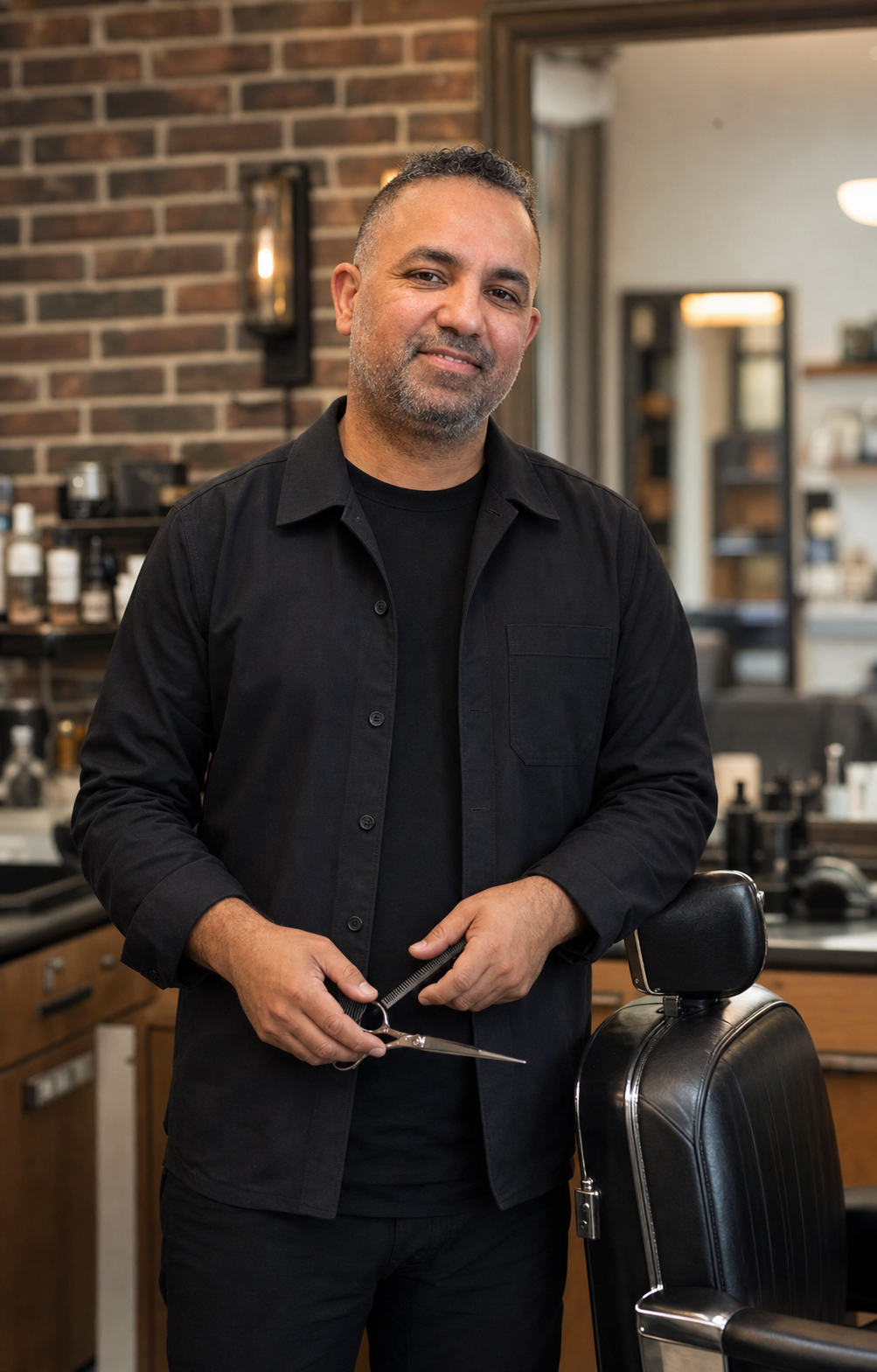 Moe standing beside his barber chair with scissors and a comb